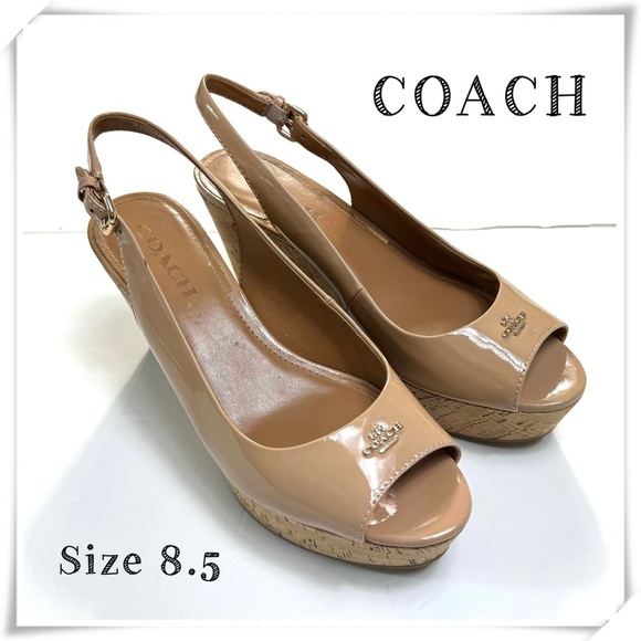 Coach Ferry Cork Wedge Patent Leather Peep toe Slingback Sandals Camel S… - Picture 1 of 11